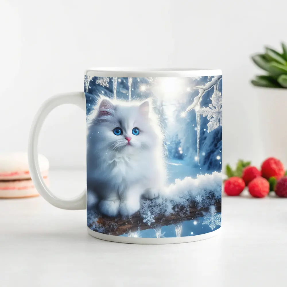 White Persian Kitten Blue Eyes Winter Snow – Mugs