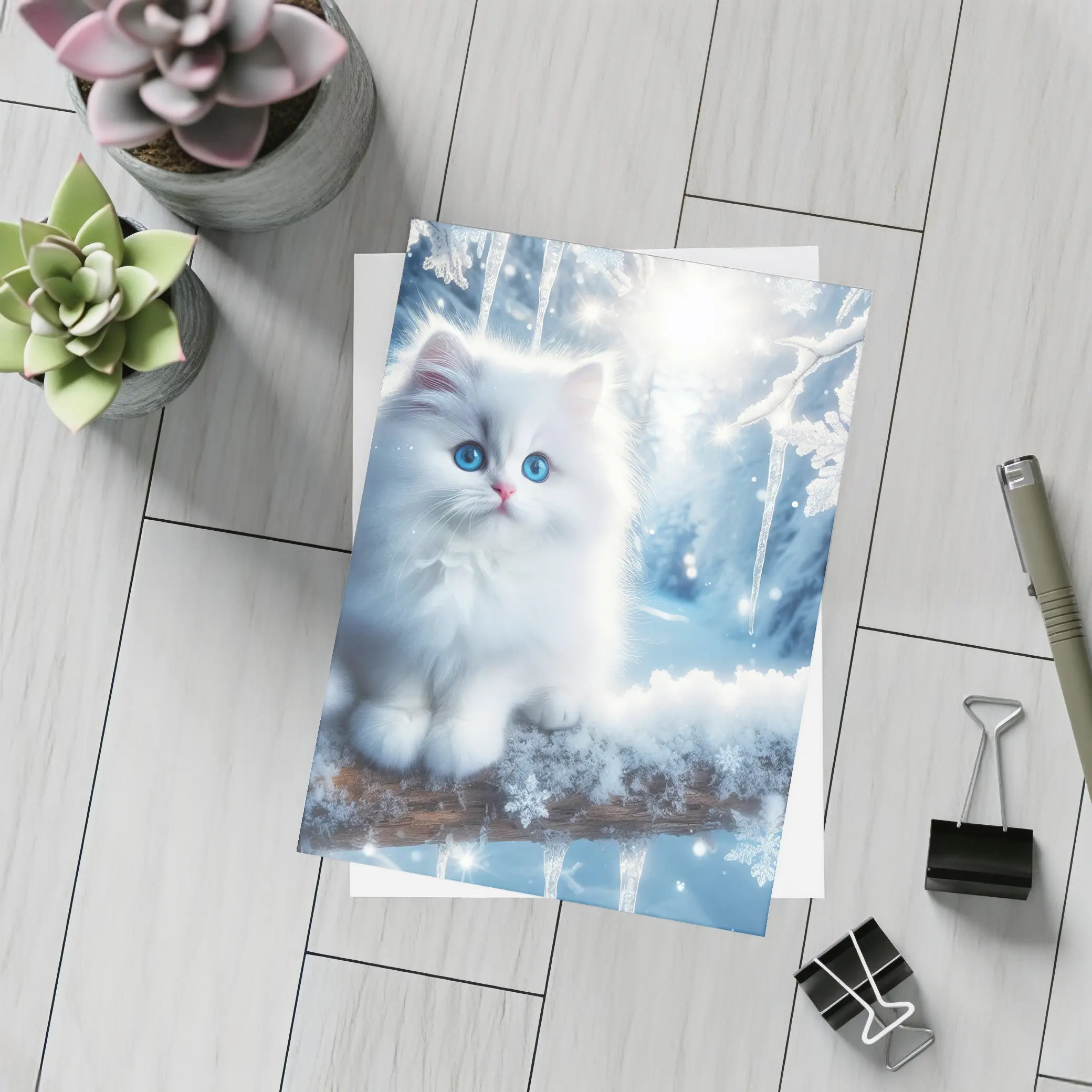 White Persian Kitten Blue Eyes Winter Snow – Postcards