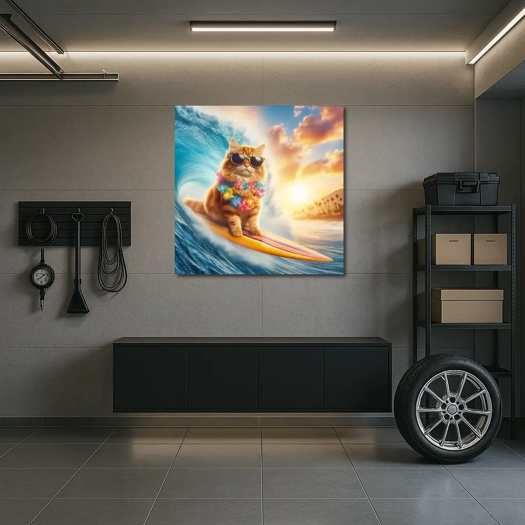 Orange Cat Surfing Ocean Wave Sunset – Wall Art