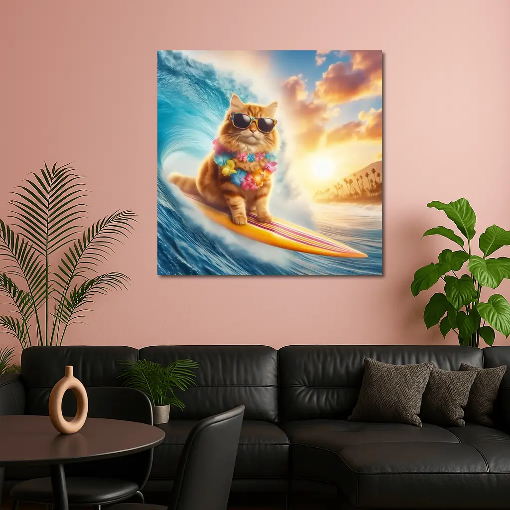 Orange Cat Surfing Ocean Wave Sunset – Wall Art