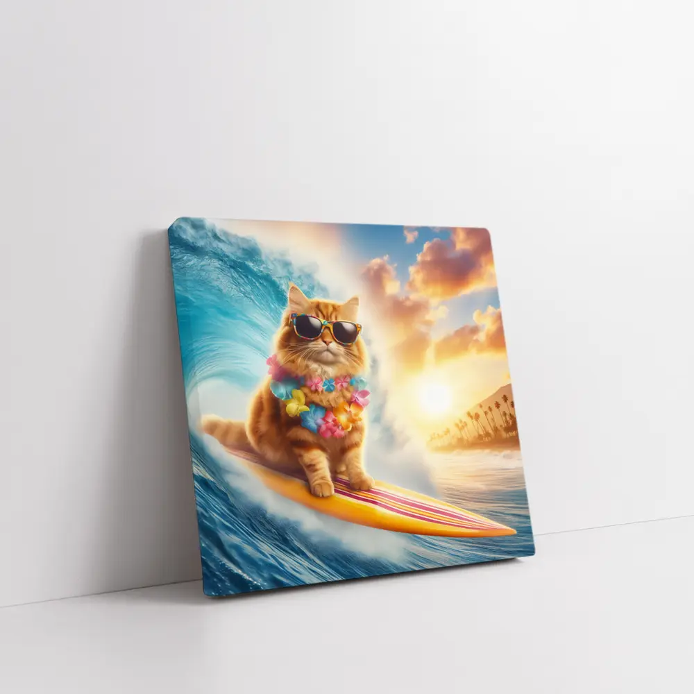 Orange Cat Surfing Ocean Wave Sunset – Wall Art