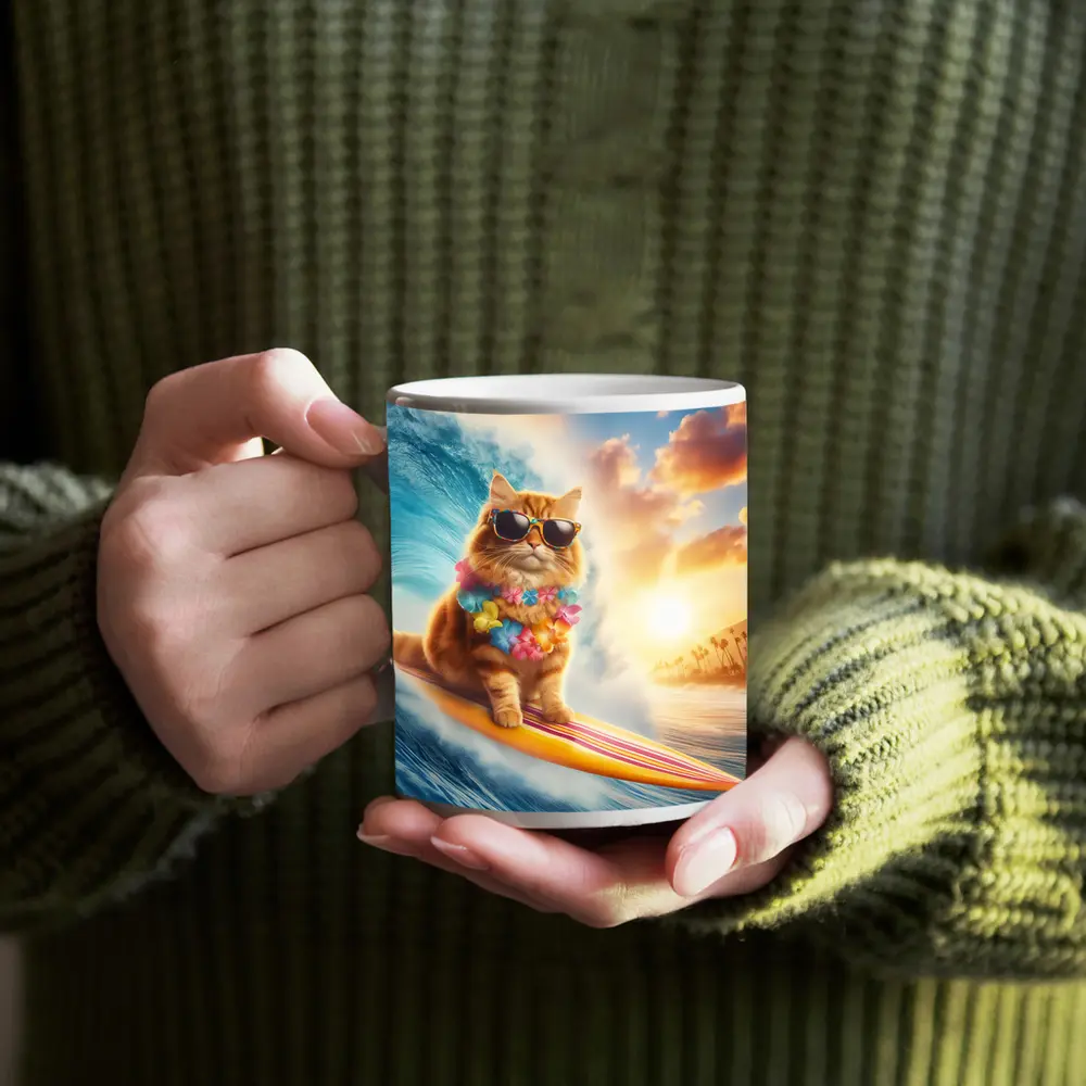 Orange Cat Surfing Ocean Wave Sunset – Mugs