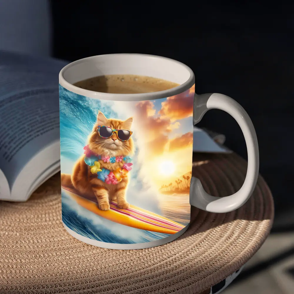 Orange Cat Surfing Ocean Wave Sunset – Mugs