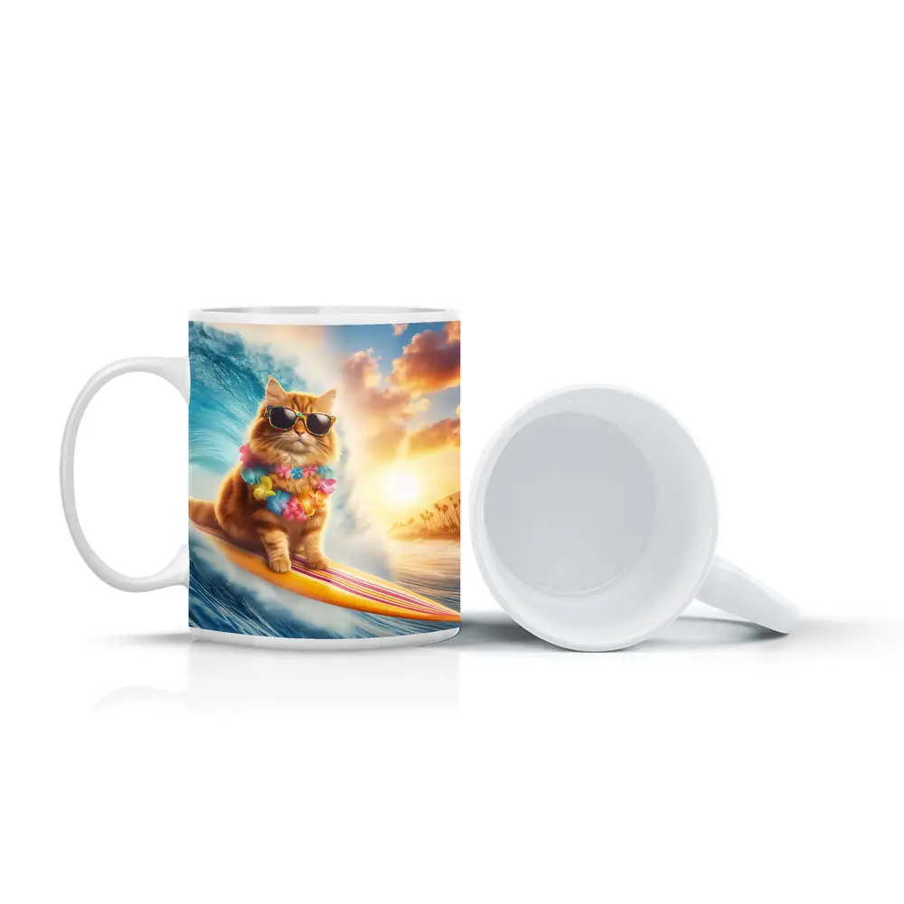 Orange Cat Surfing Ocean Wave Sunset – Mugs