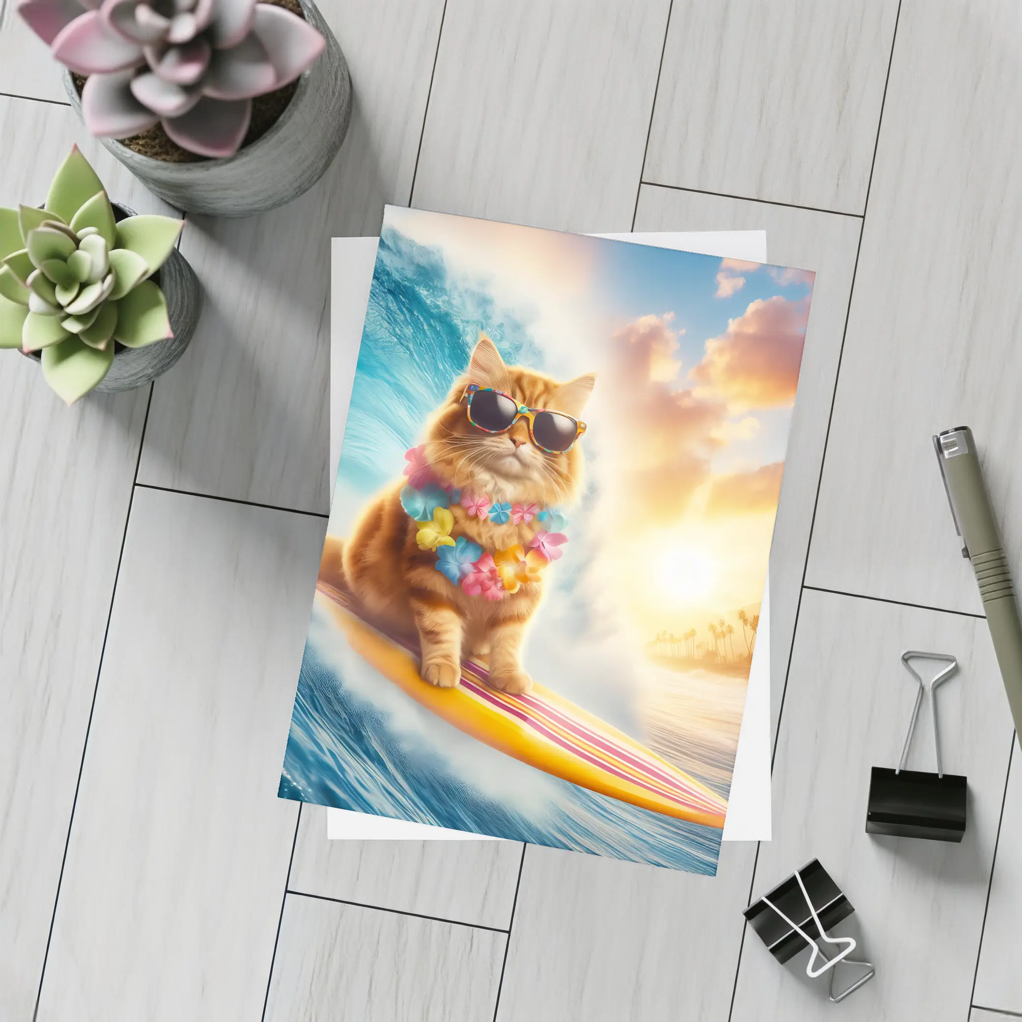 Orange Cat Surfing Ocean Wave Sunset – Postcards