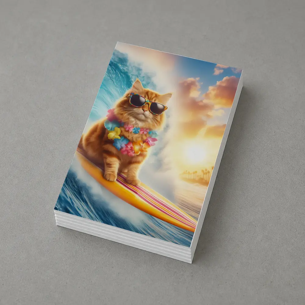 Orange Cat Surfing Ocean Wave Sunset – Postcards