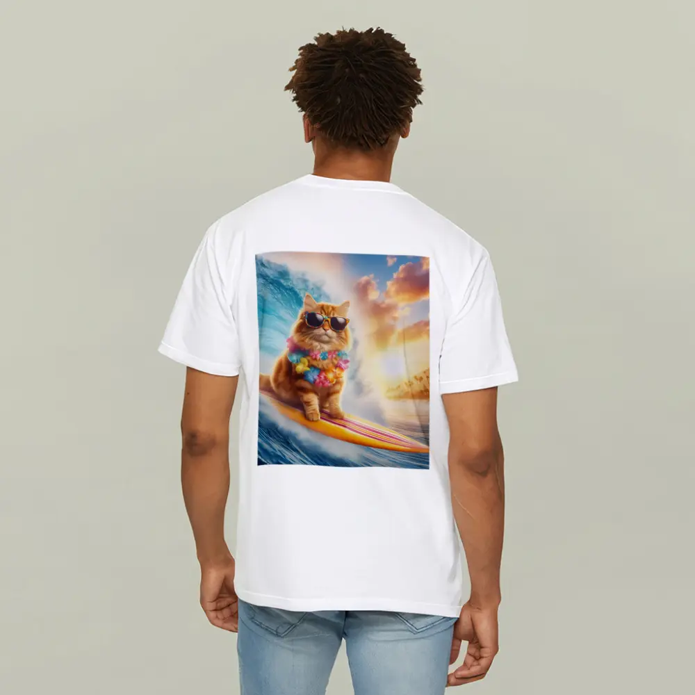 Orange Cat Surfing Ocean Wave Sunset – T-Shirts