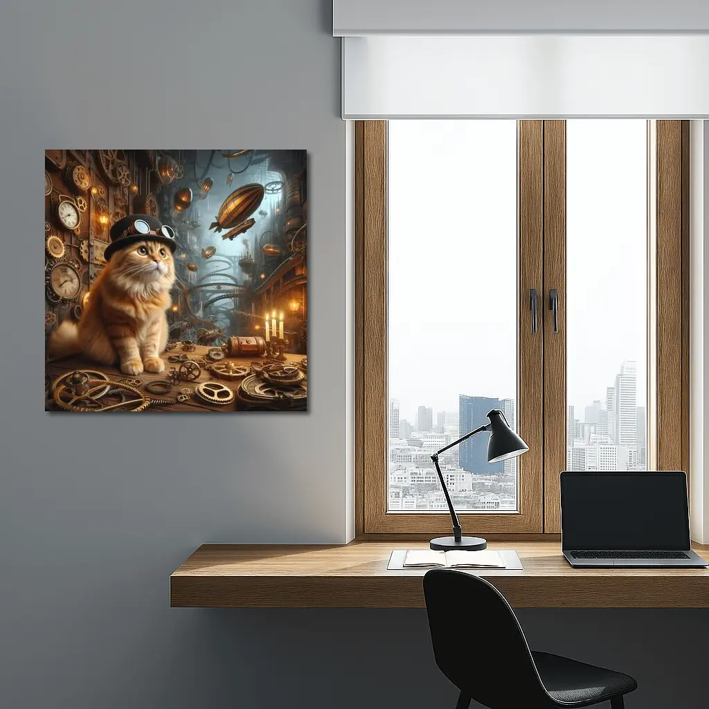 Orange Cat Steampunk City Airship Background – Wall Art