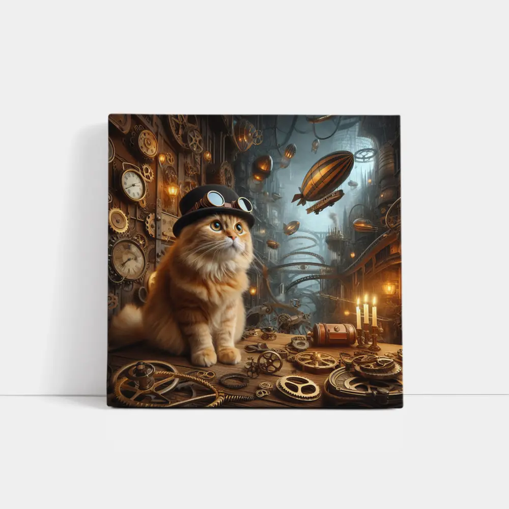 Orange Cat Steampunk City Airship Background – Wall Art