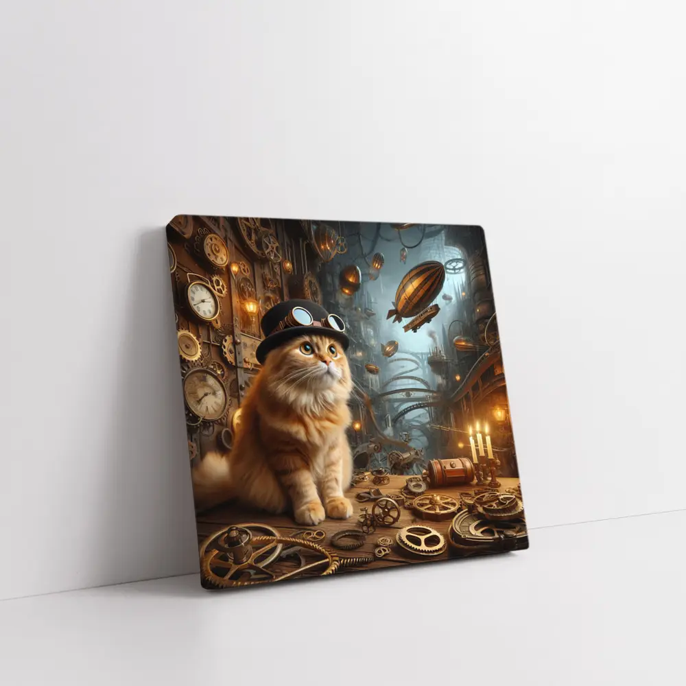 Orange Cat Steampunk City Airship Background – Wall Art