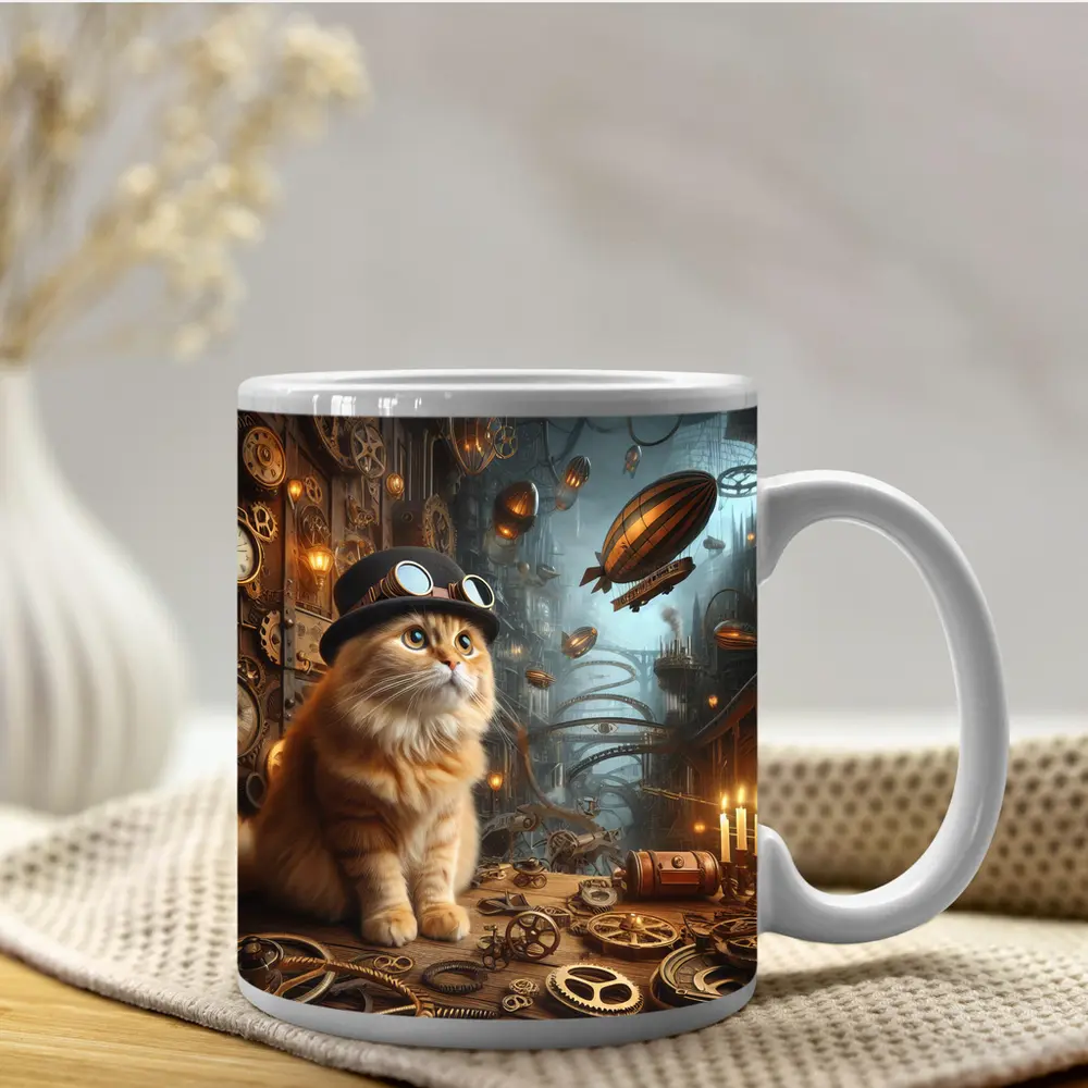 Orange Cat Steampunk City Airship Background – Mugs
