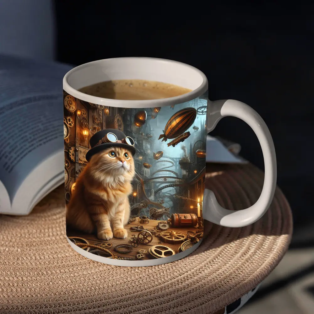 Orange Cat Steampunk City Airship Background – Mugs