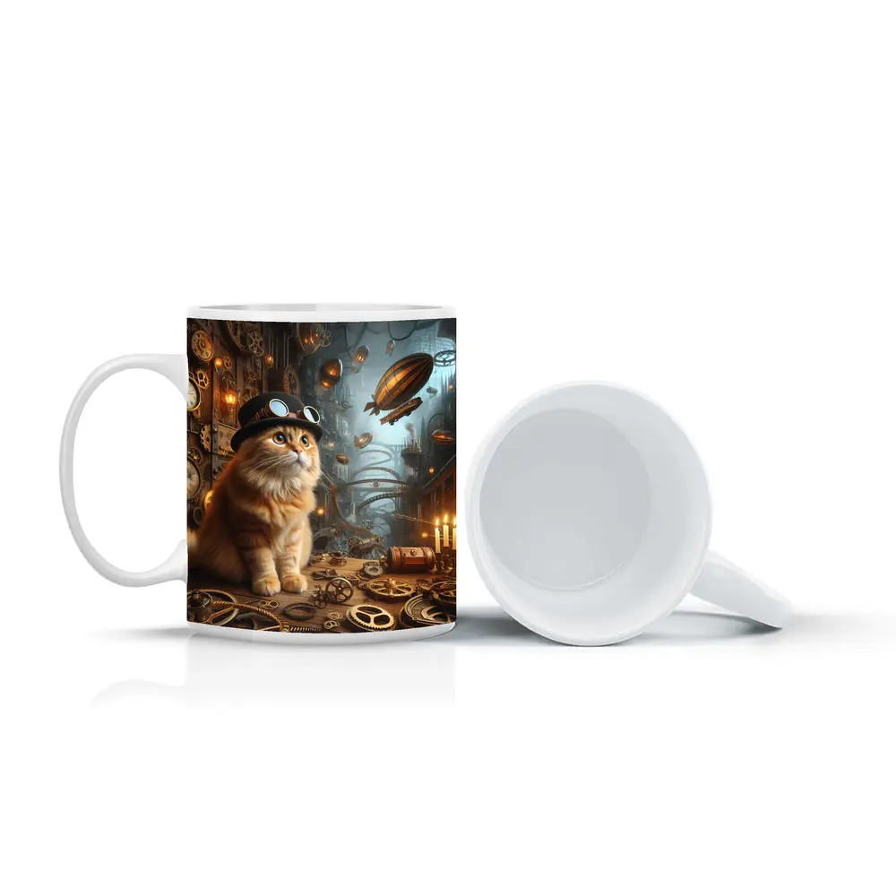 Orange Cat Steampunk City Airship Background – Mugs