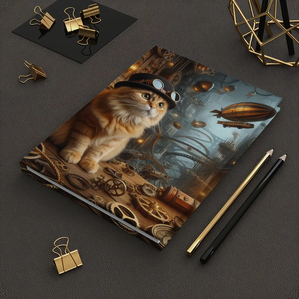 Orange Cat Steampunk City Airship Background – Notebooks