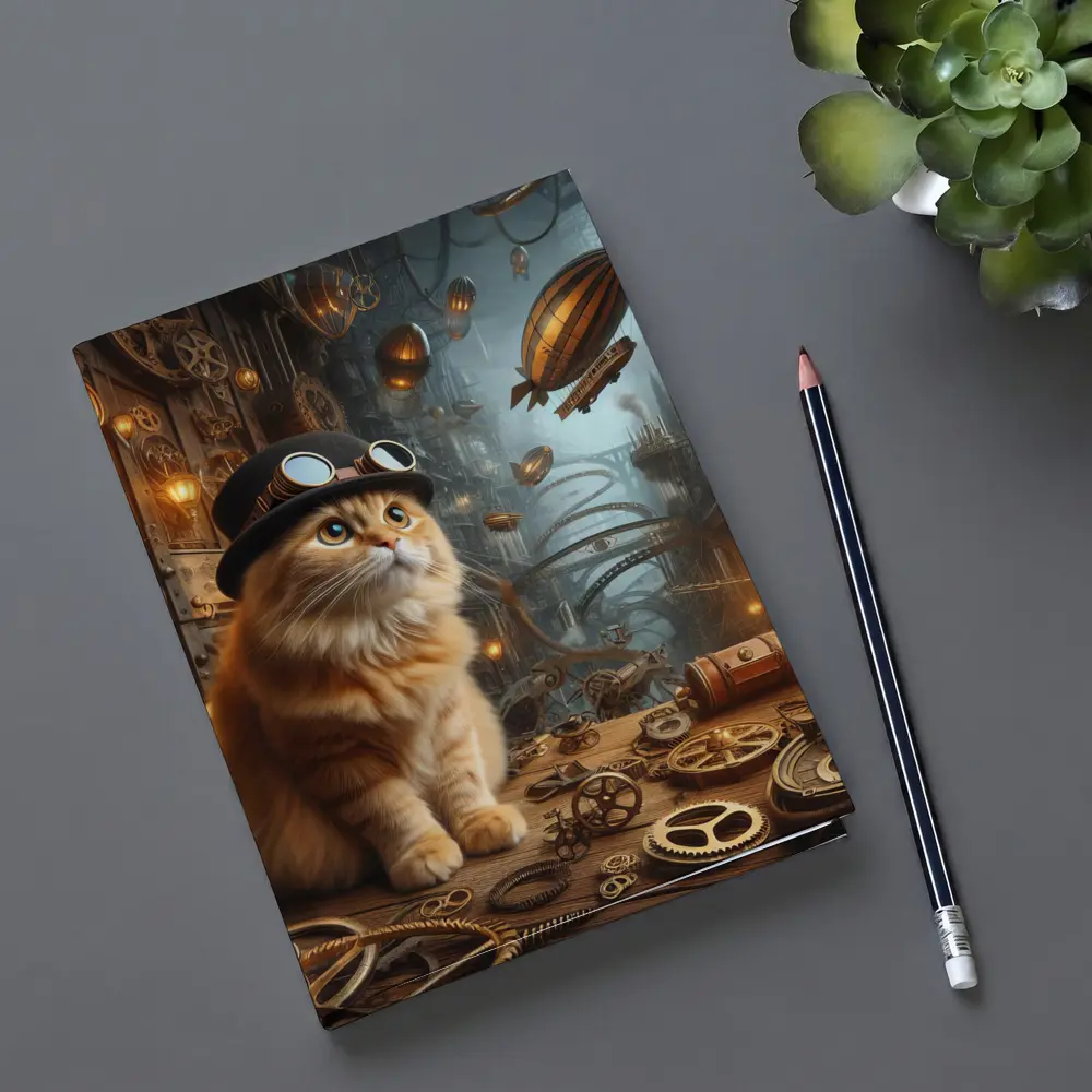 Orange Cat Steampunk City Airship Background – Notebooks