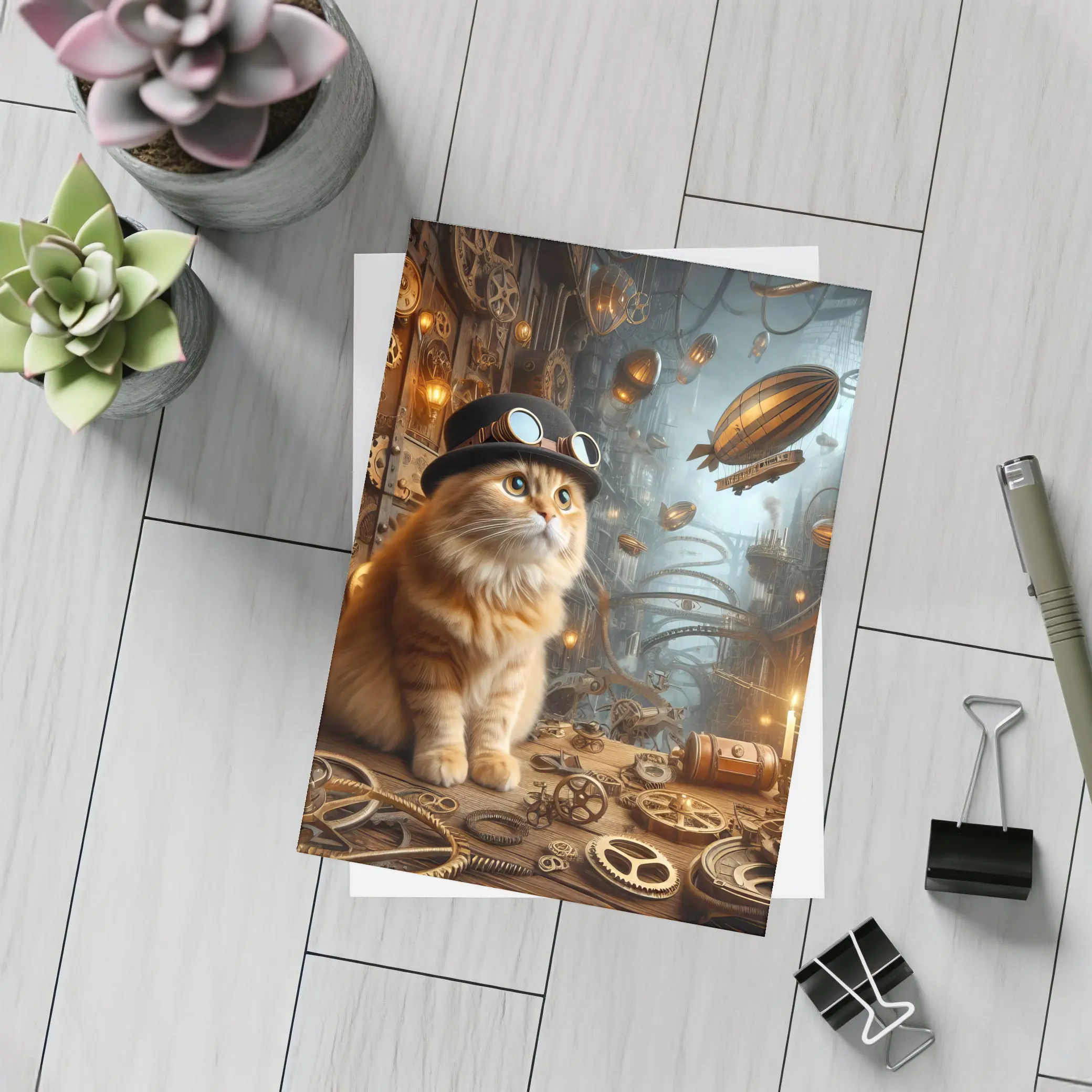 Orange Cat Steampunk City Airship Background – Postcards