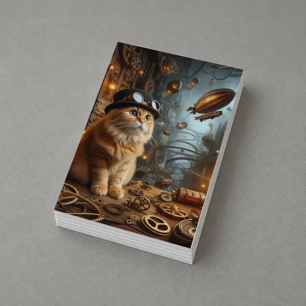 Orange Cat Steampunk City Airship Background – Postcards