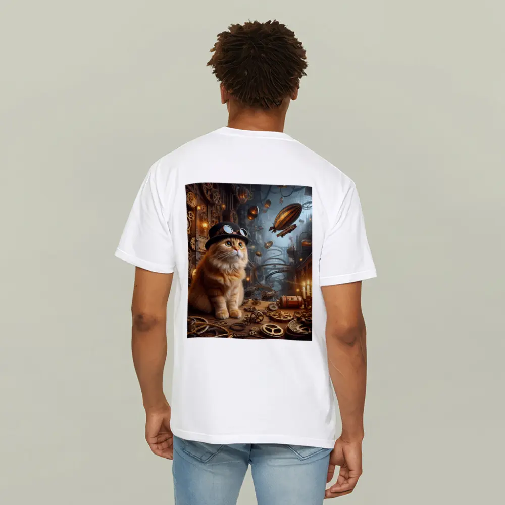 Orange Cat Steampunk City Airship Background – T-Shirts