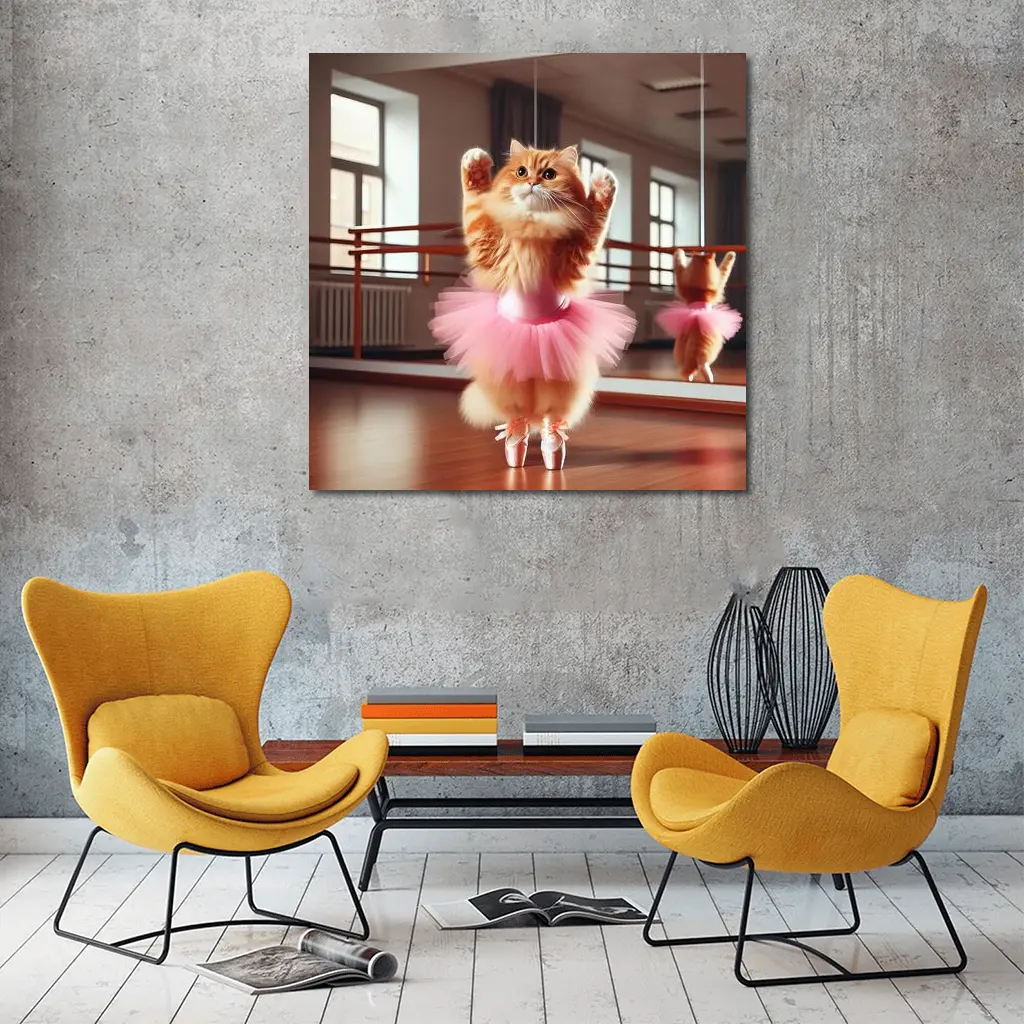 Orange Cat Ballerina Dancing In Studio – Wall Art