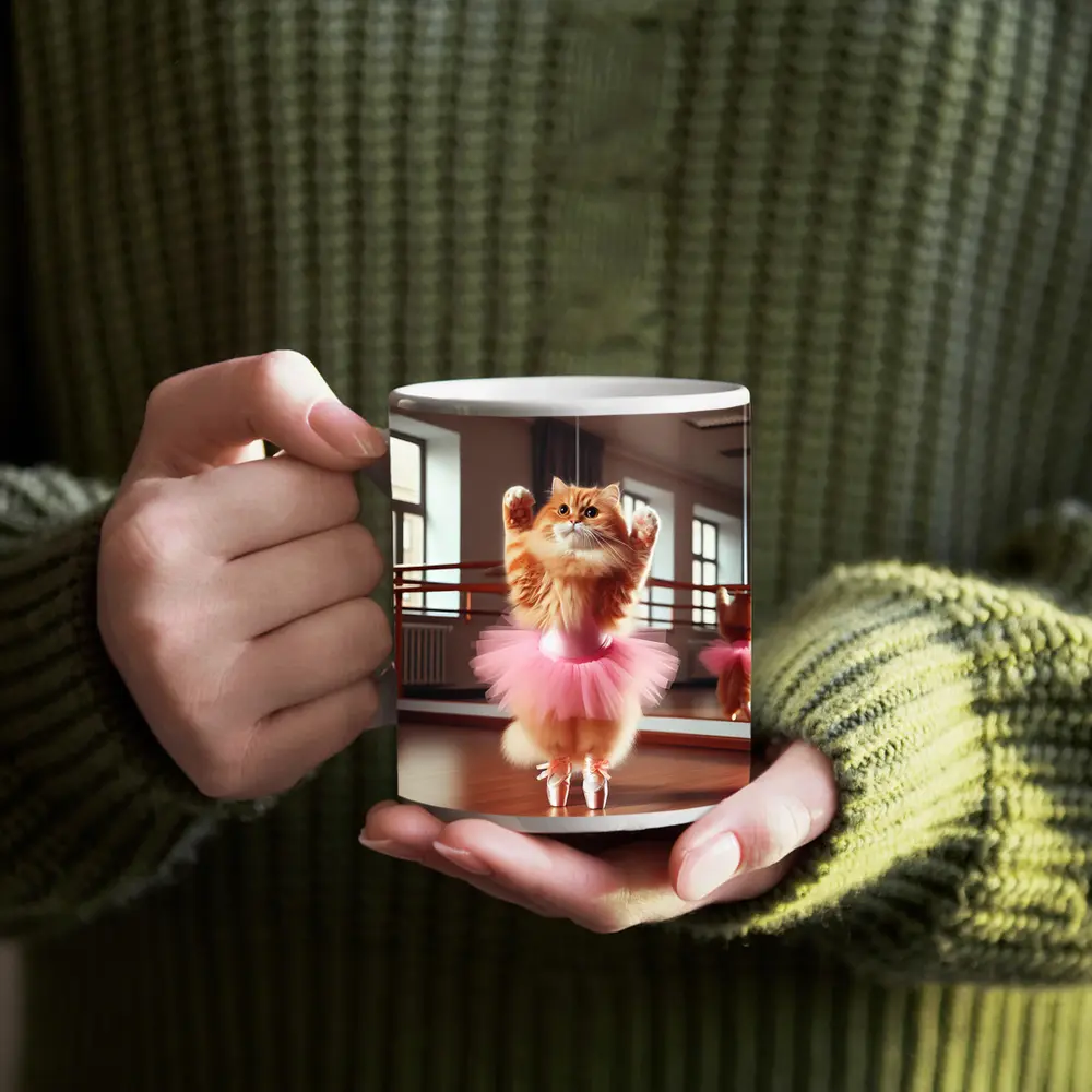 Orange Cat Ballerina Dancing In Studio – Mugs