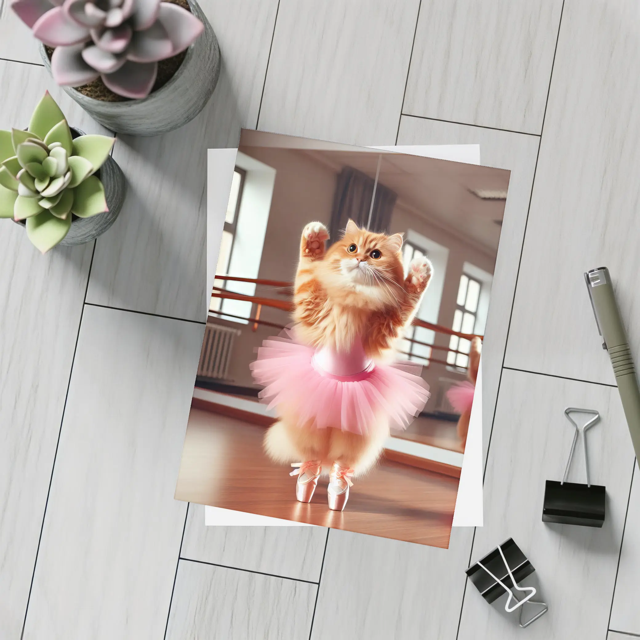 Orange Cat Ballerina Dancing In Studio – Postcards