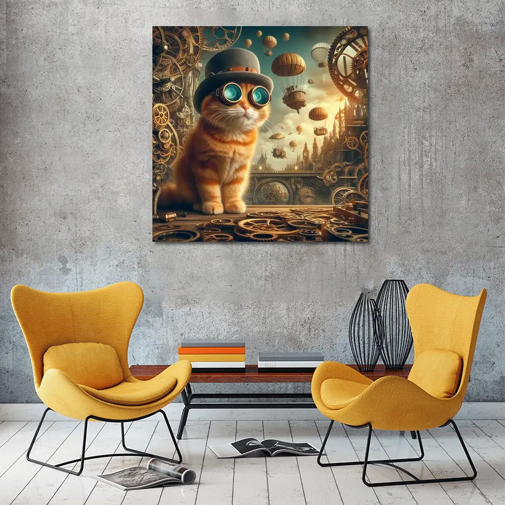 Steampunk Orange Cat Goggles Airship City – Wall Art