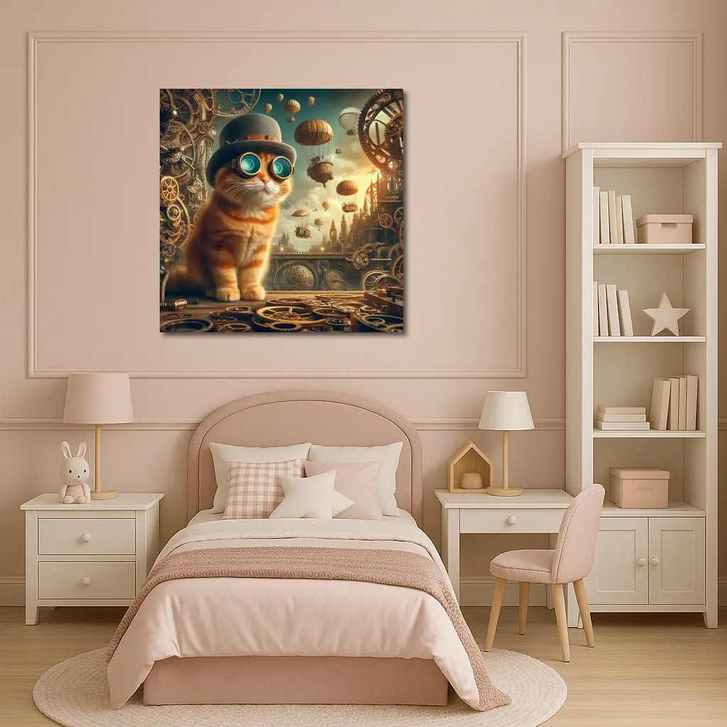 Steampunk Orange Cat Goggles Airship City – Wall Art