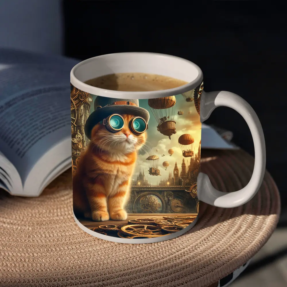 Steampunk Orange Cat Goggles Airship City – Mugs