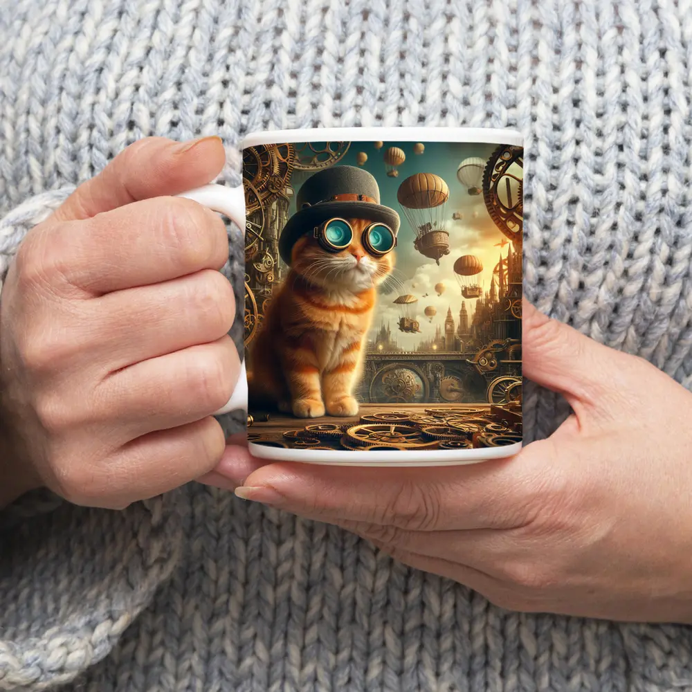 Steampunk Orange Cat Goggles Airship City – Mugs