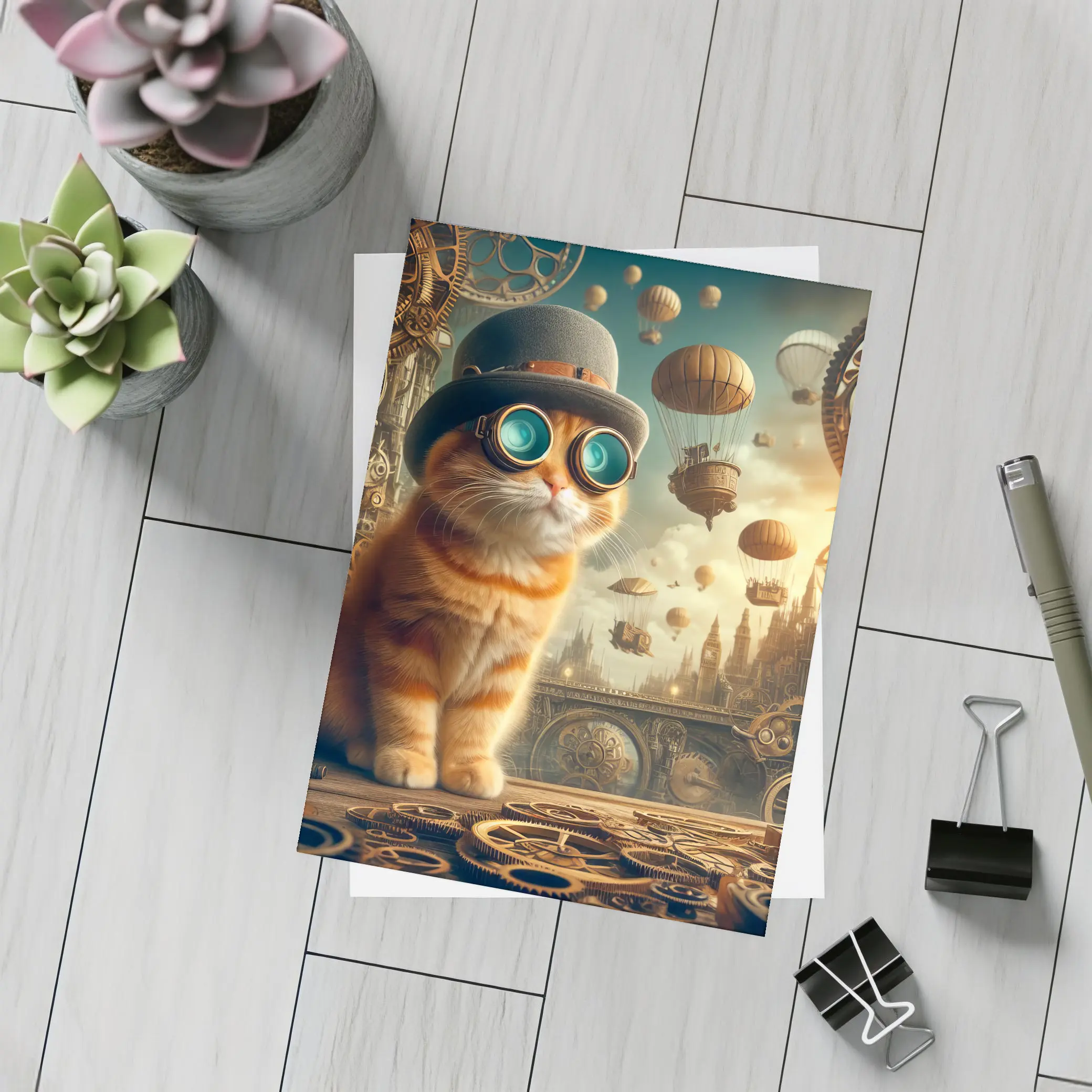 Steampunk Orange Cat Goggles Airship City – Postcards