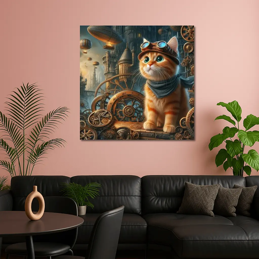 Orange Tabby Cat Steampunk Gears City – Wall Art