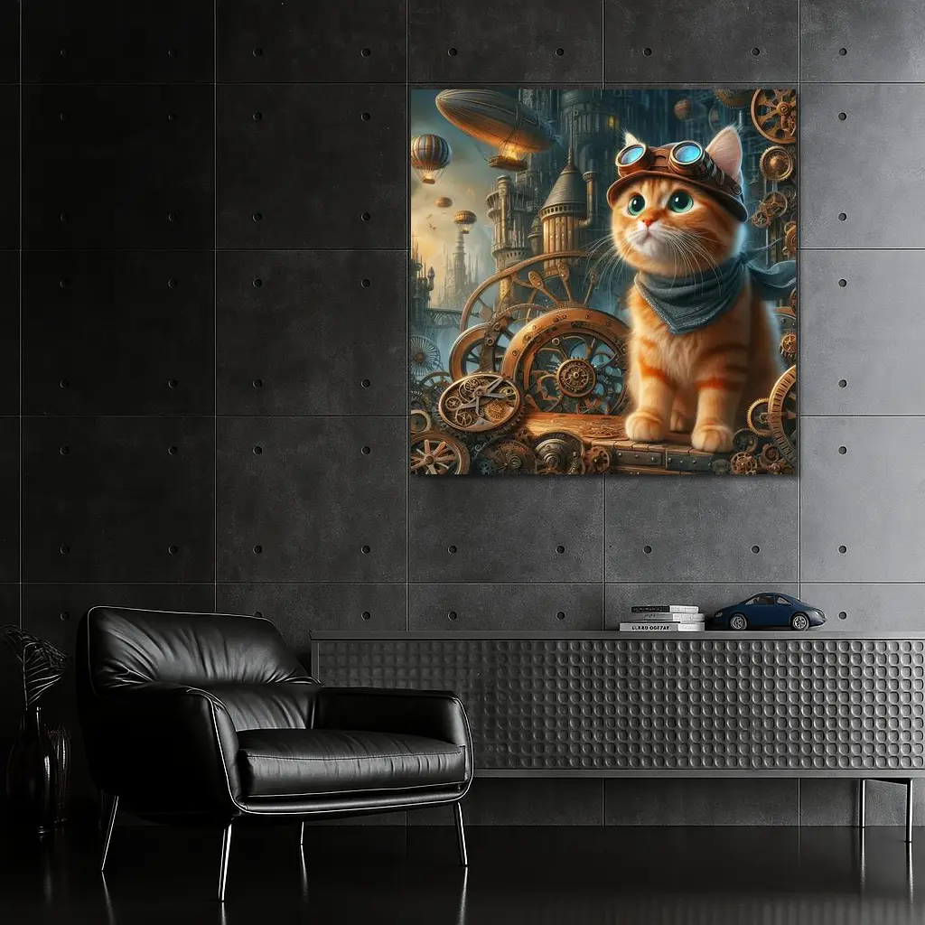 Orange Tabby Cat Steampunk Gears City – Wall Art