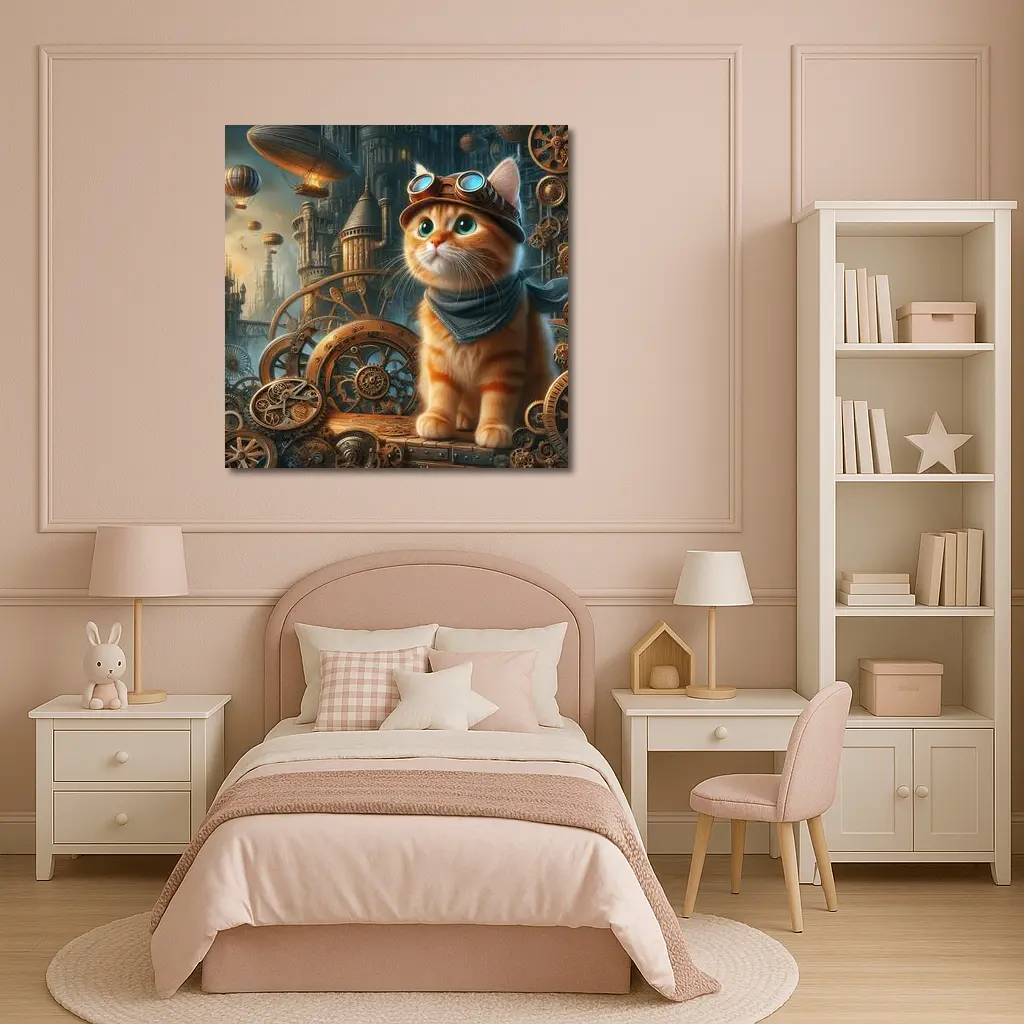 Orange Tabby Cat Steampunk Gears City – Wall Art