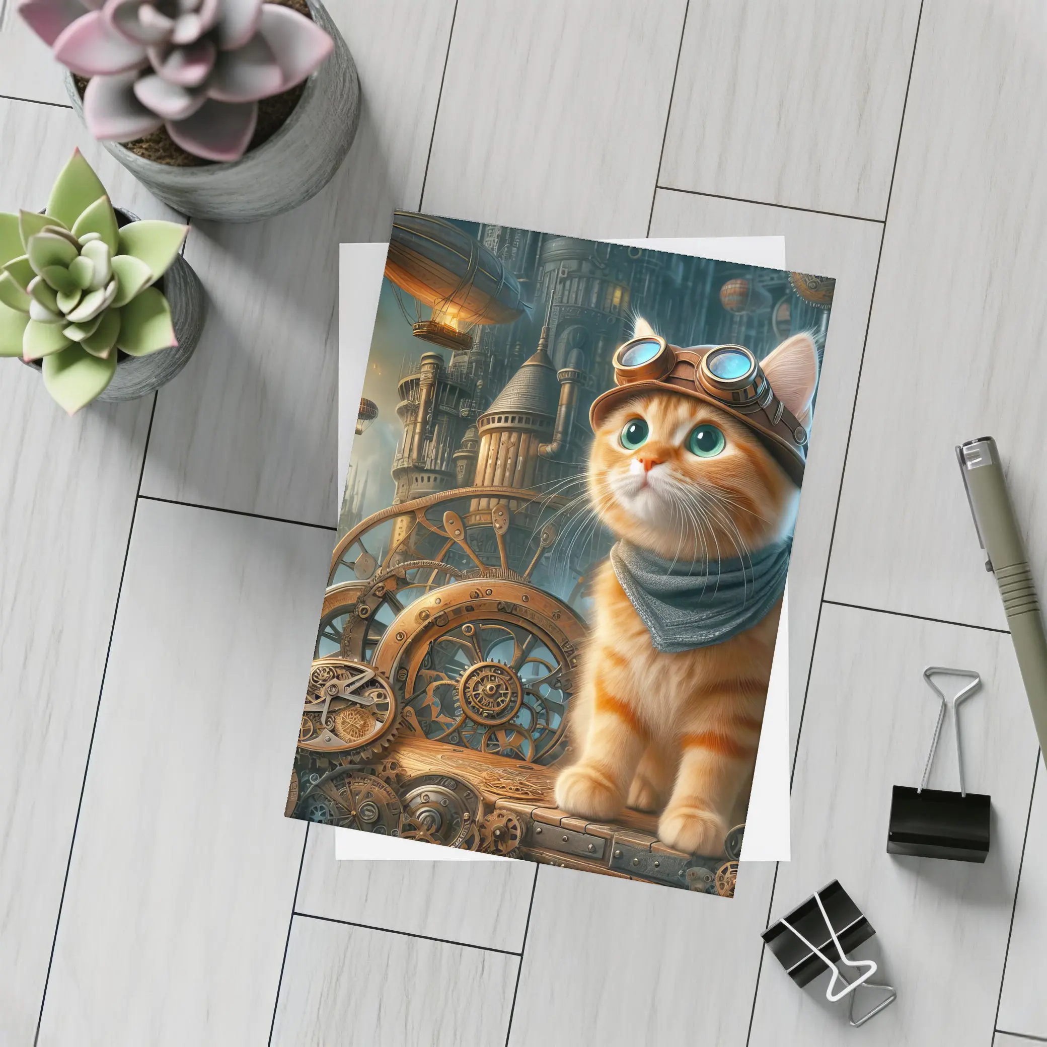Orange Tabby Cat Steampunk Gears City – Postcards