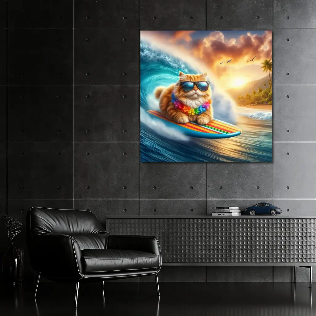 Orange Cat Surfing Tropical Ocean Wave – Wall Art