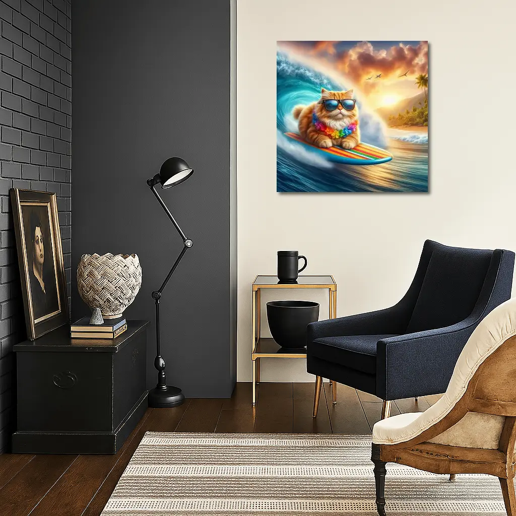 Orange Cat Surfing Tropical Ocean Wave – Wall Art