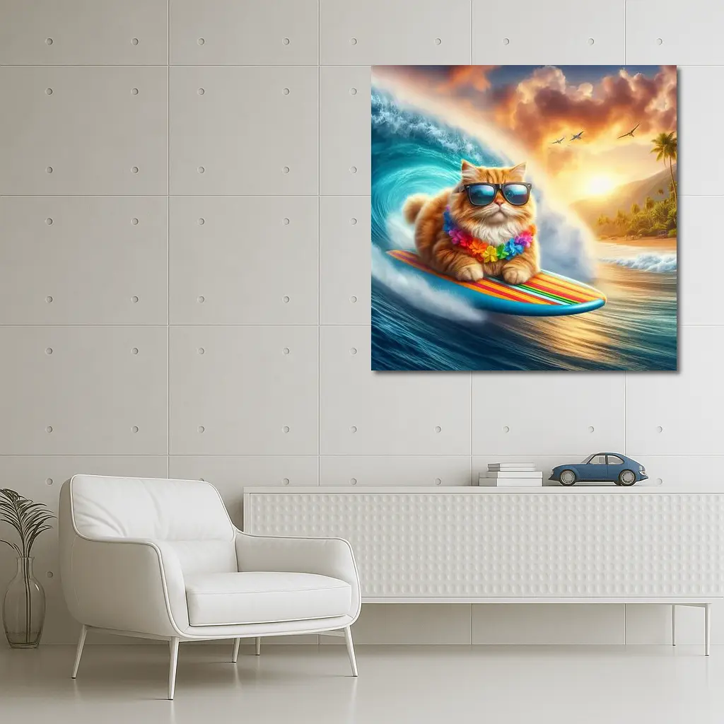 Orange Cat Surfing Tropical Ocean Wave – Wall Art