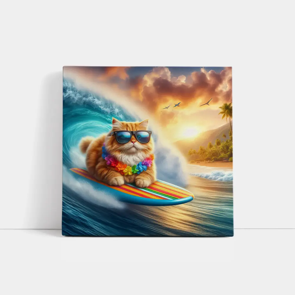 Orange Cat Surfing Tropical Ocean Wave – Wall Art