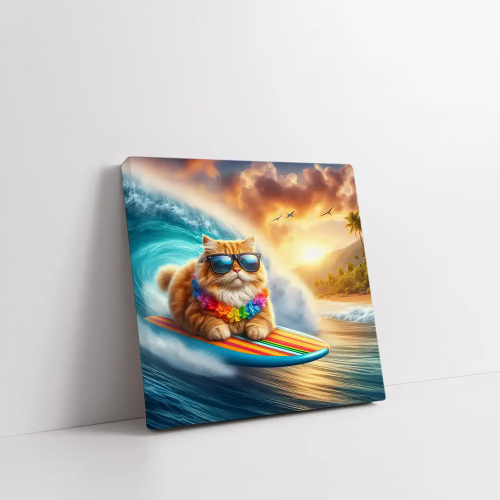 Orange Cat Surfing Tropical Ocean Wave – Wall Art