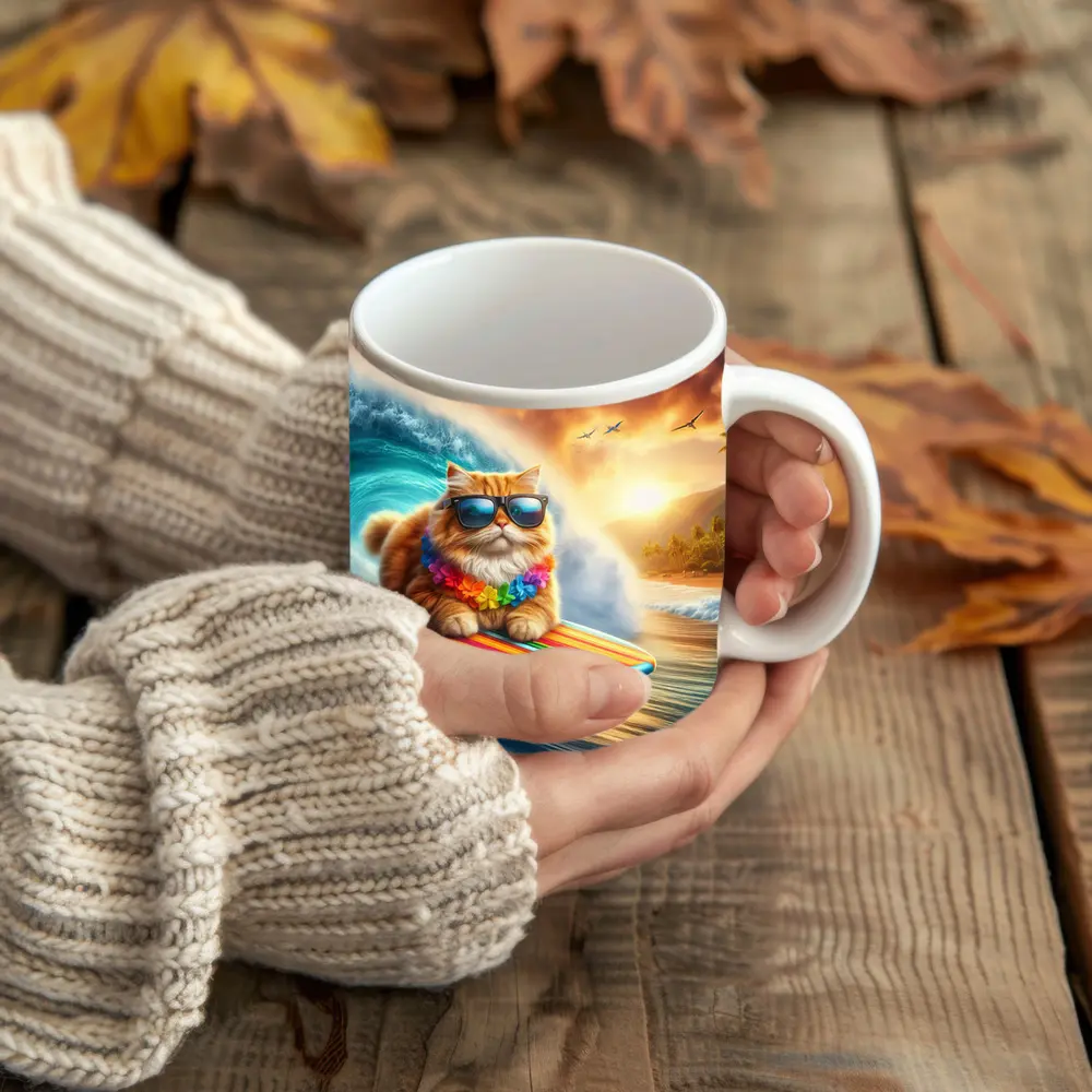 Orange Cat Surfing Tropical Ocean Wave – Mugs