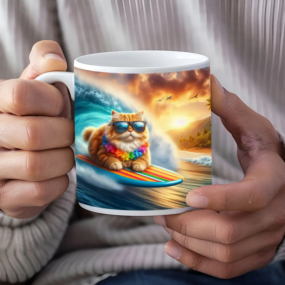 Orange Cat Surfing Tropical Ocean Wave – Mugs