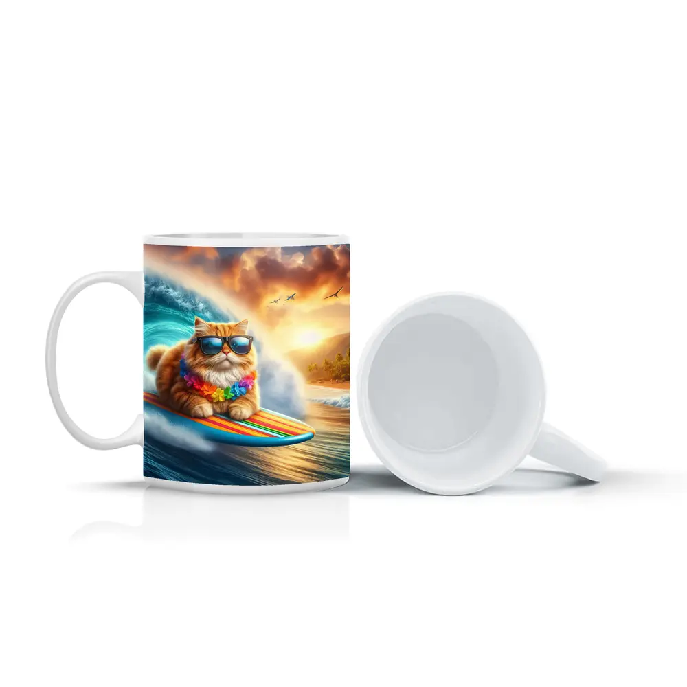 Orange Cat Surfing Tropical Ocean Wave – Mugs