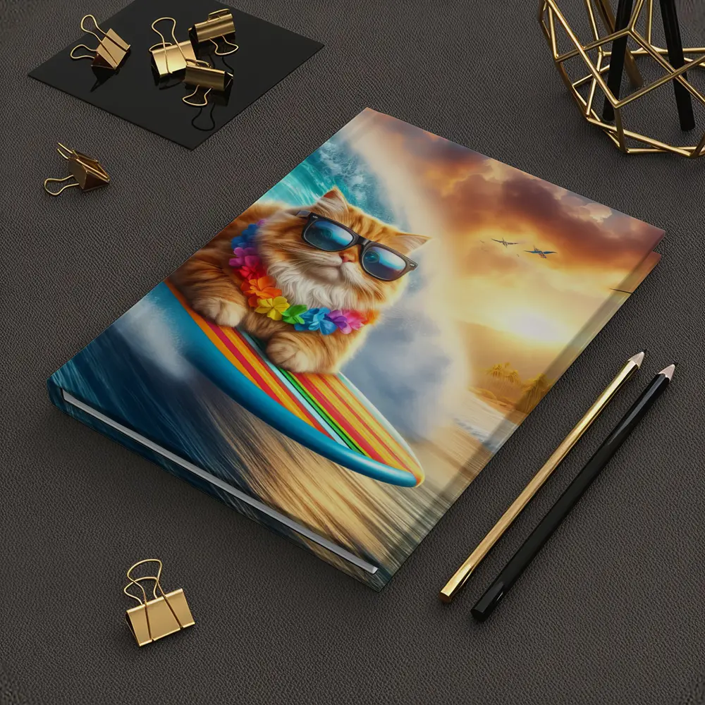 Orange Cat Surfing Tropical Ocean Wave – Notebooks