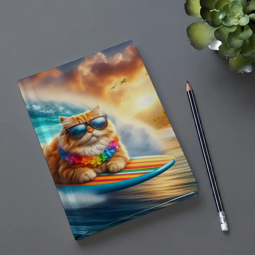 Orange Cat Surfing Tropical Ocean Wave – Notebooks