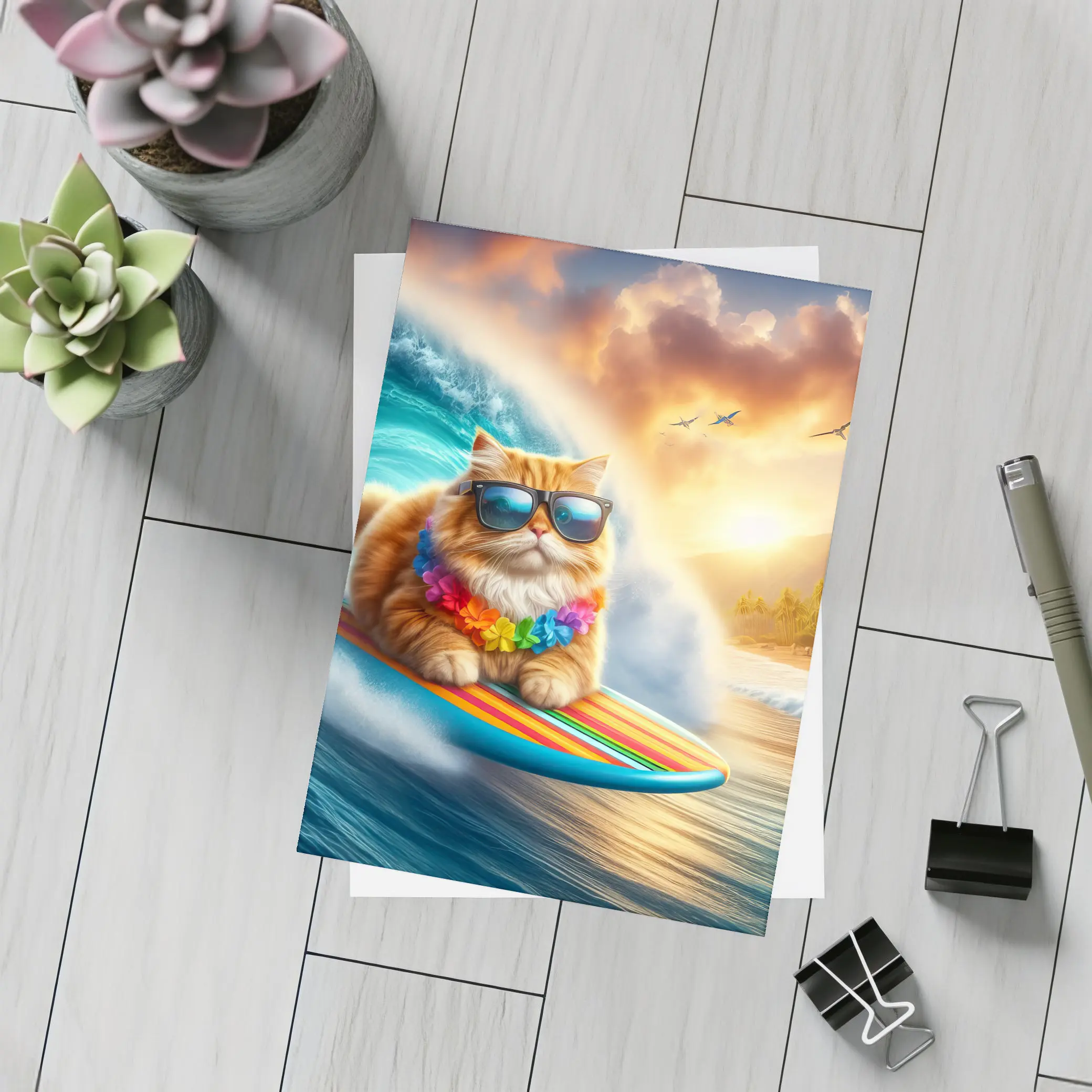 Orange Cat Surfing Tropical Ocean Wave – Postcards