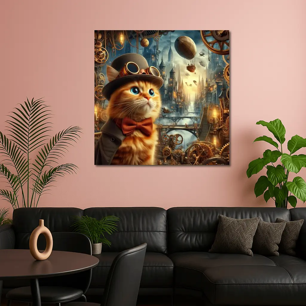 Steampunk Orange Cat Top Hat City – Wall Art