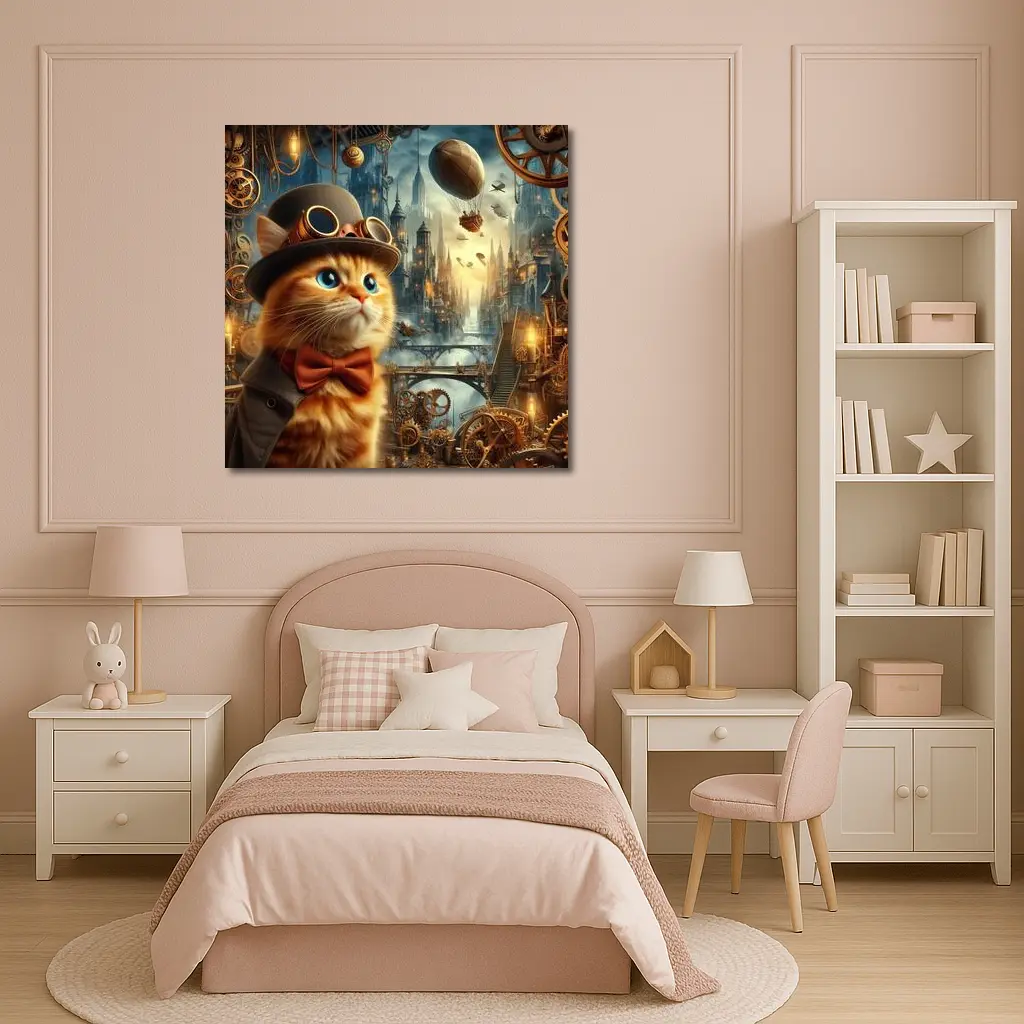 Steampunk Orange Cat Top Hat City – Wall Art