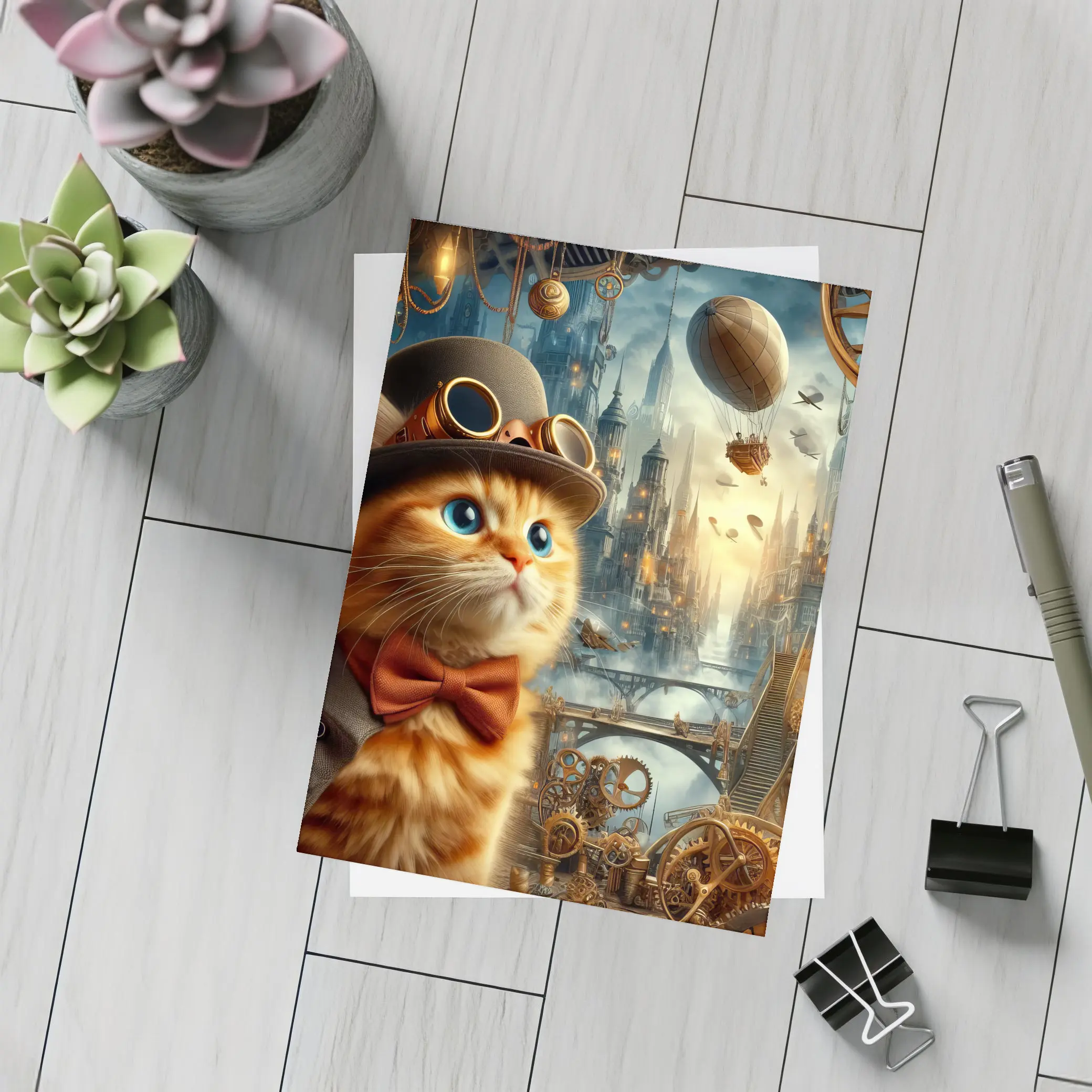 Steampunk Orange Cat Top Hat City – Postcards