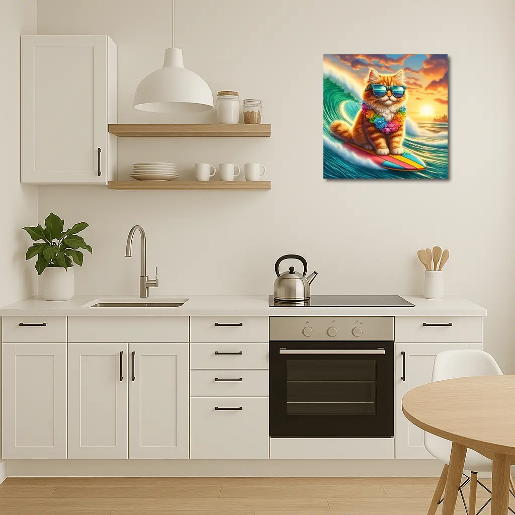 Orange Cat Surfing Ocean Wave Sunset – Wall Art