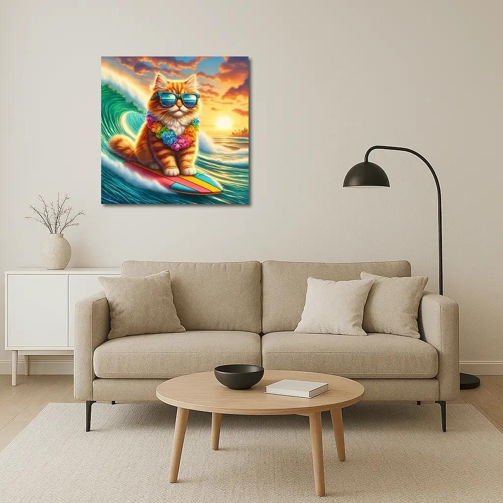Orange Cat Surfing Ocean Wave Sunset – Wall Art